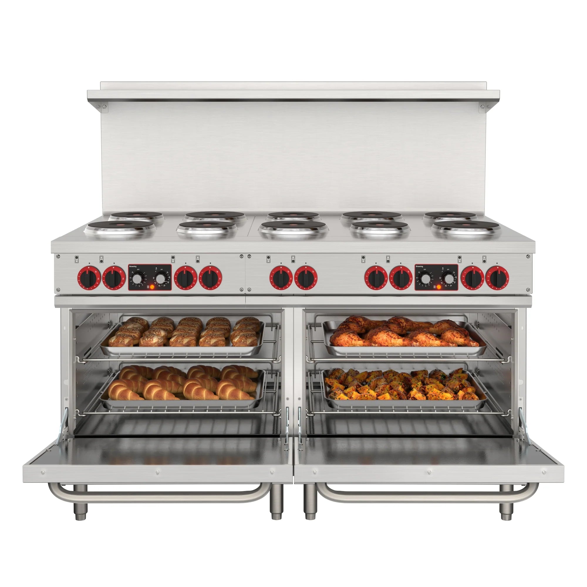 60 In. Commercial Electric Range with 10 Burners and 2 Standard Electric Ovens in Stainless Steel - 208V 3-Phase