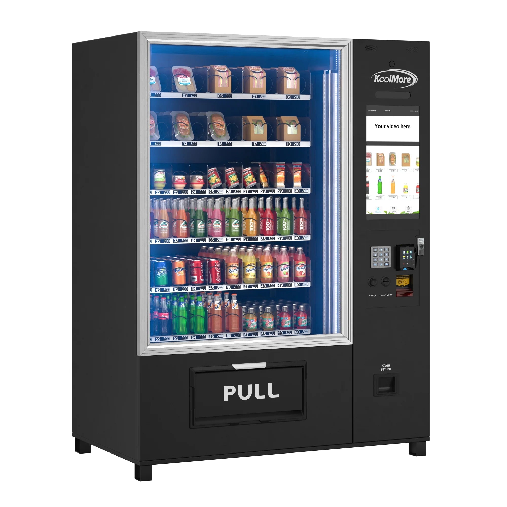 Snack Vending Machine with 21.5 Inch Touch Display, 66 Slots and Elevator-Lift Dispensing System,Refrigerated, Bill and Coin Acceptor, Credit Card Reader, Wifi and 4G Connectivity in Black