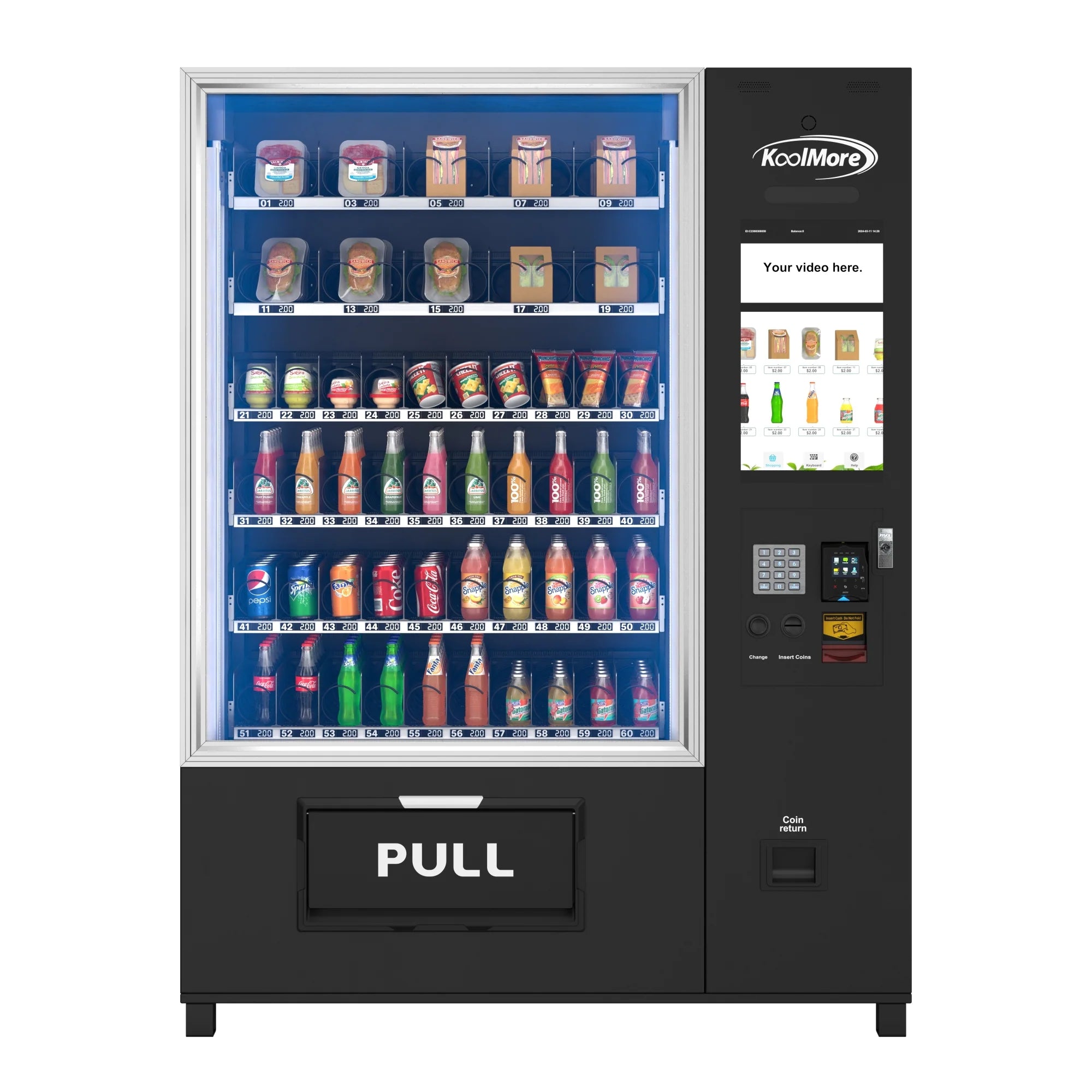 Snack Vending Machine with 21.5 Inch Touch Display, 66 Slots and Elevator-Lift Dispensing System,Refrigerated, Bill and Coin Acceptor, Credit Card Reader, Wifi and 4G Connectivity in Black
