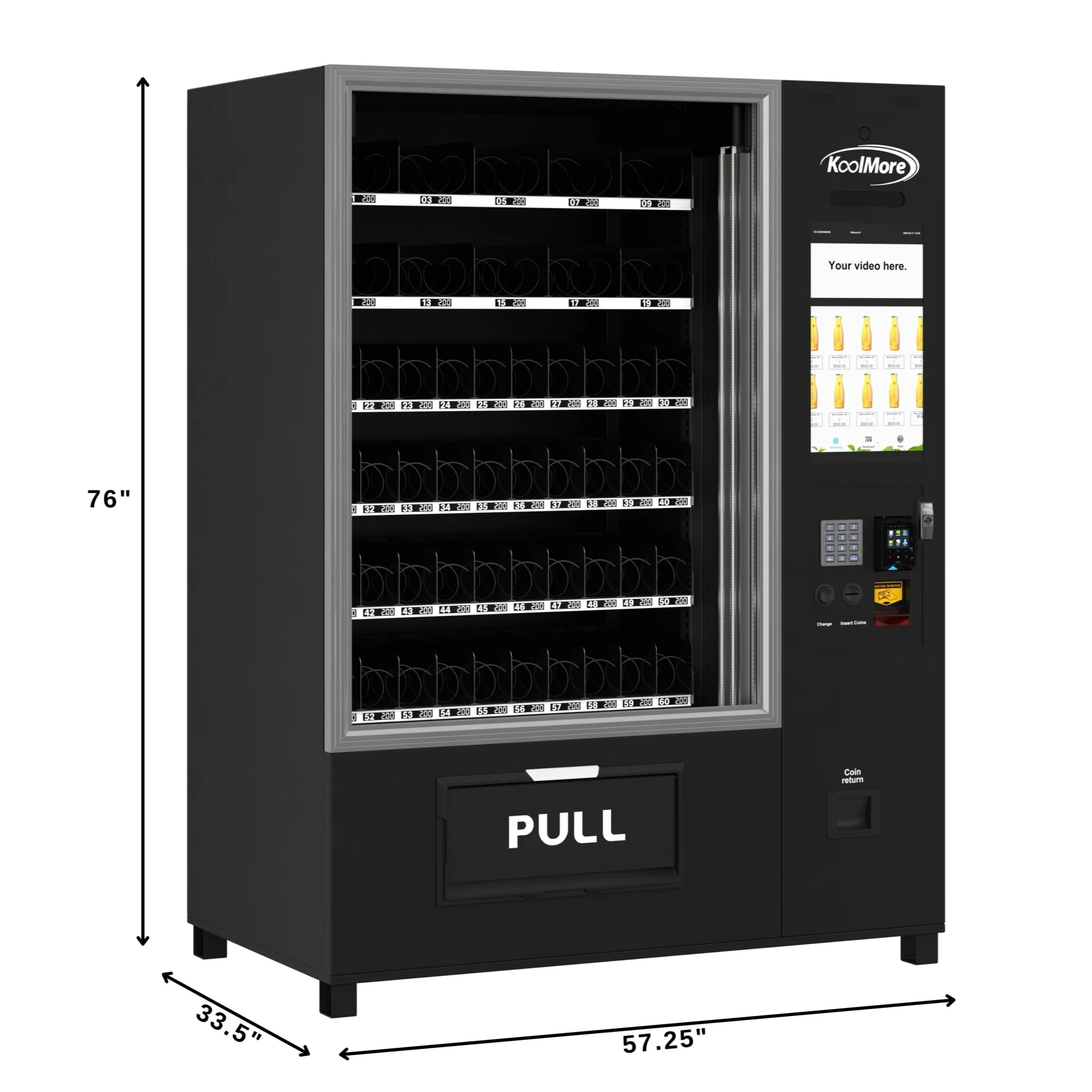 Snack Vending Machine with 21.5 Inch Touch Display, 66 Slots and Elevator-Lift Dispensing System,Refrigerated, Bill and Coin Acceptor, Credit Card Reader, Wifi and 4G Connectivity in Black