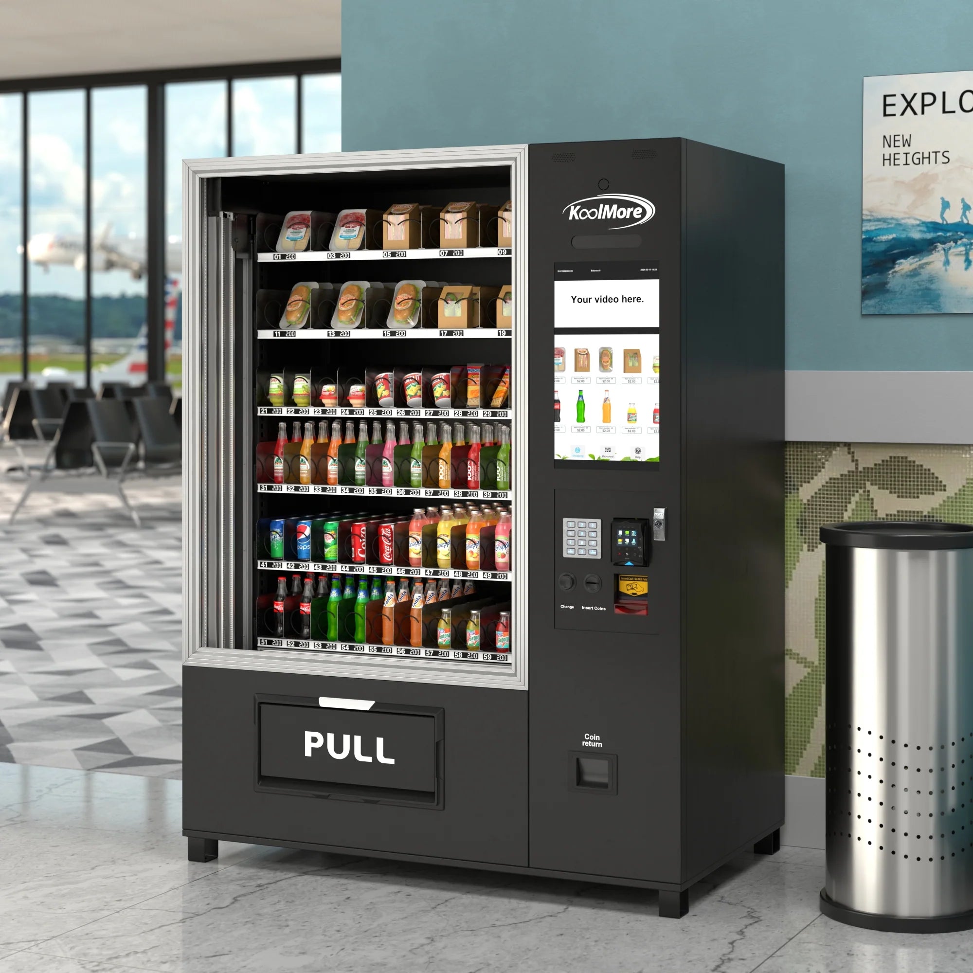 Snack Vending Machine with 21.5 Inch Touch Display, 66 Slots and Elevator-Lift Dispensing System,Refrigerated, Bill and Coin Acceptor, Credit Card Reader, Wifi and 4G Connectivity in Black