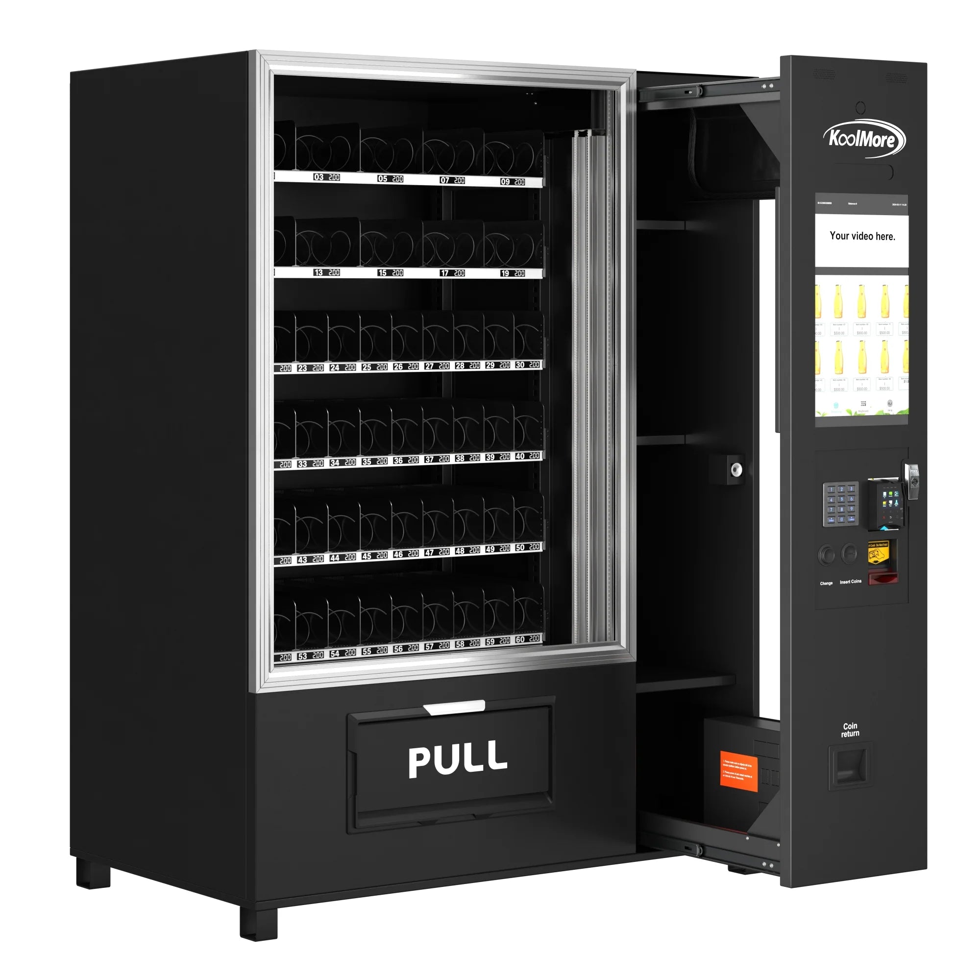 Snack Vending Machine with 21.5 Inch Touch Display, 66 Slots and Elevator-Lift Dispensing System,Refrigerated, Bill and Coin Acceptor, Credit Card Reader, Wifi and 4G Connectivity in Black