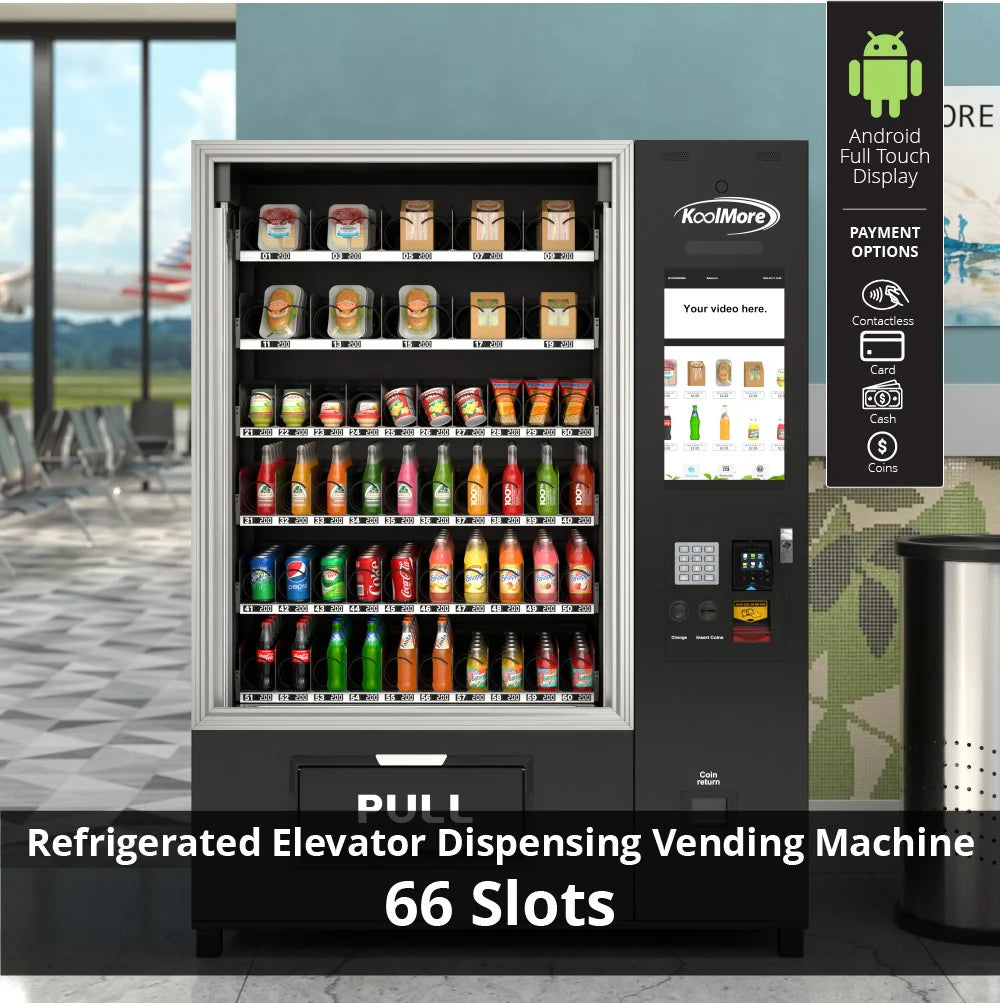 Snack Vending Machine with 21.5 Inch Touch Display, 66 Slots and Elevator-Lift Dispensing System,Refrigerated, Bill and Coin Acceptor, Credit Card Reader, Wifi and 4G Connectivity in Black